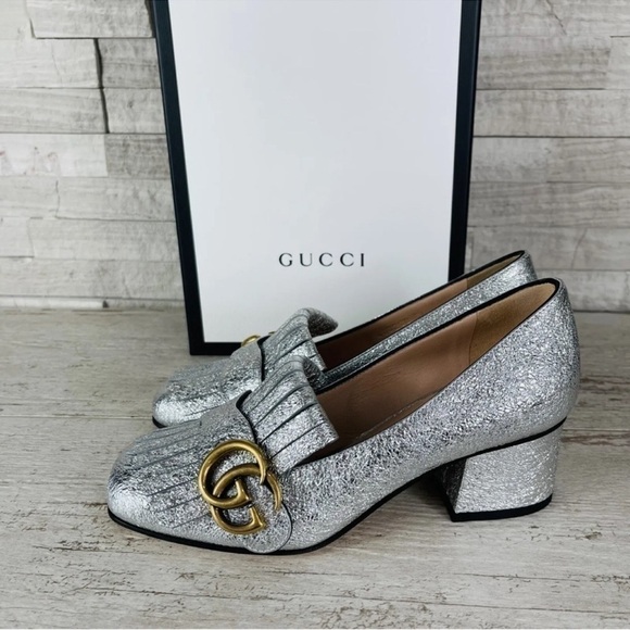 Gucci NEW Size 34 Metallic Silver Marmont GG Fringe Mid Heel Loafer Shoe Pump - Picture 8 of 14